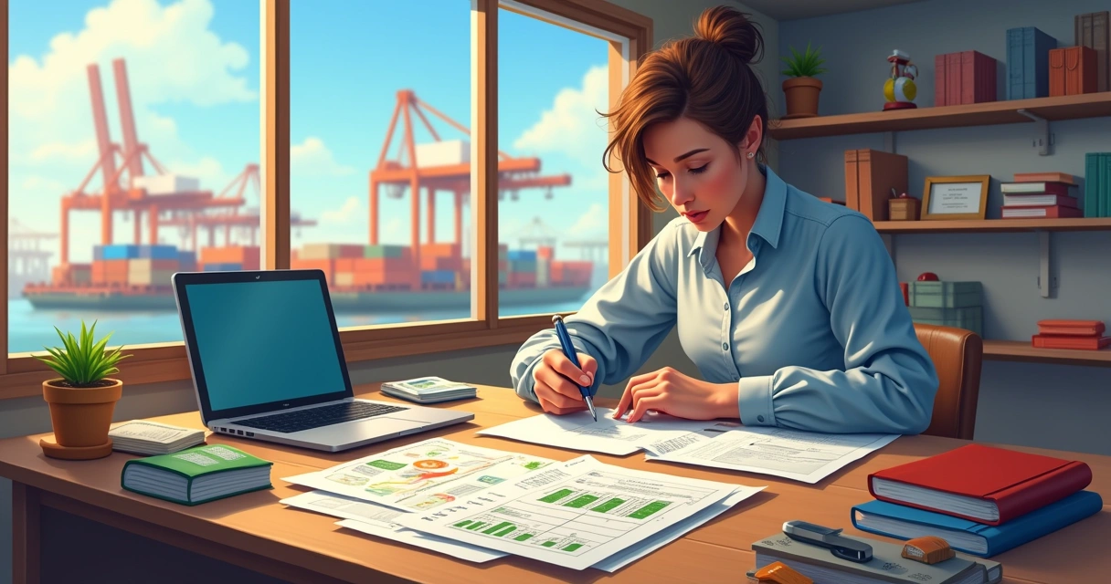 Profissional conferindo documentos de importação e exportação na mesa 