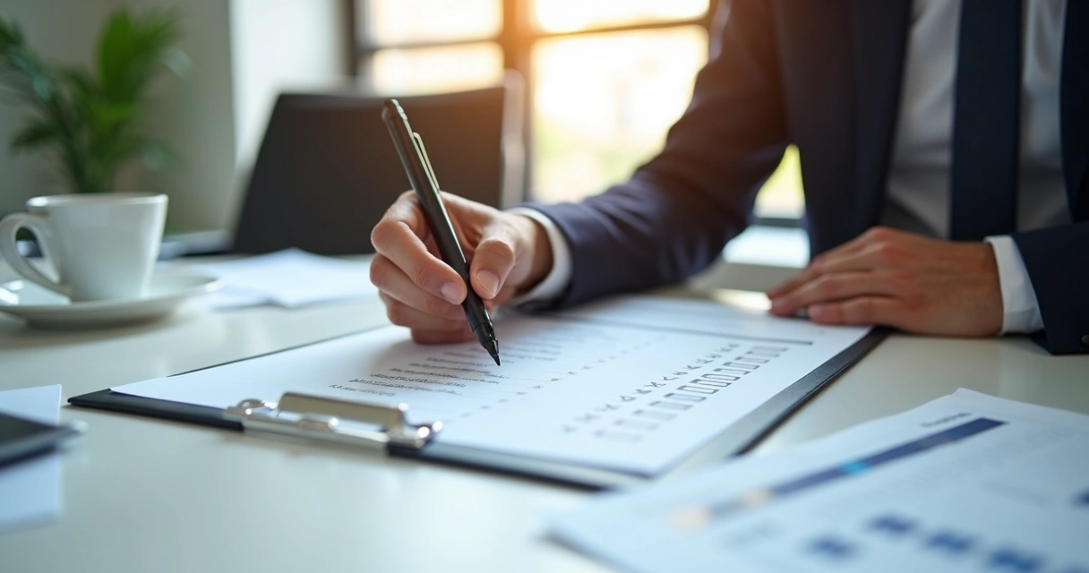 Pessoa analisando documento com checklist de contrato. 