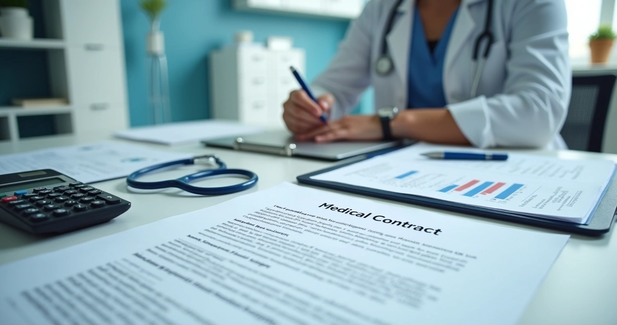Documentos contábeis e contrato médico sobre mesa de escritório 