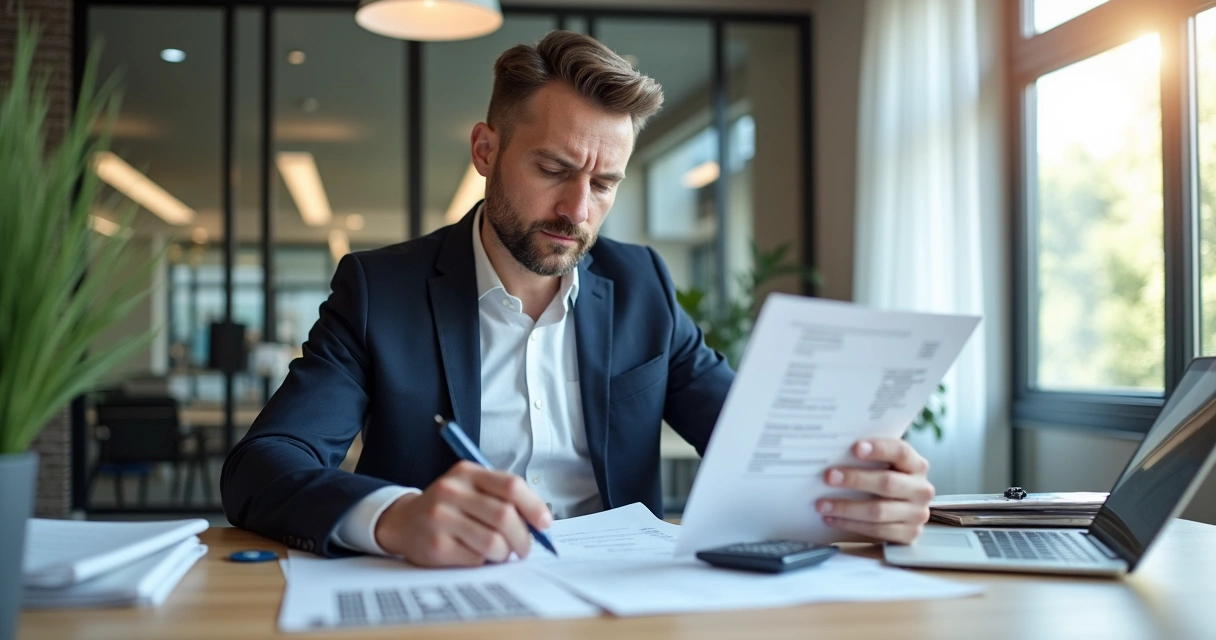 Pessoa conferindo documentos financeiros na mesa ao lado de um notebook 