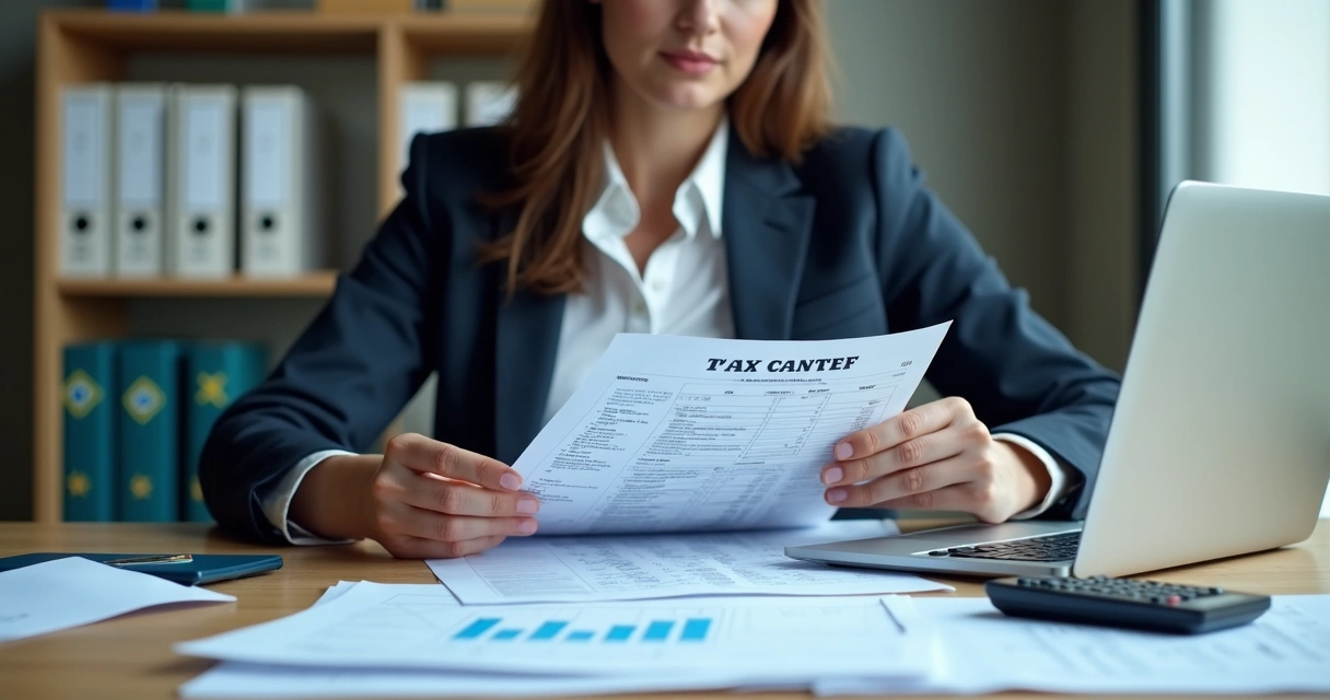 Profissional realizando conferência de documentos fiscais em ambiente de escritório