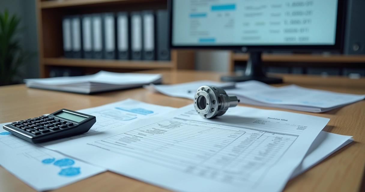 Documentos fiscais e máquina industrial sobre mesa de escritório 