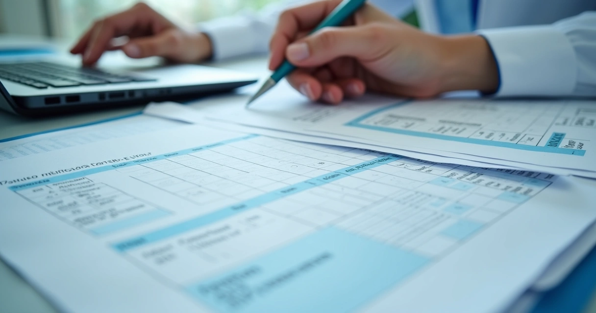 Profissional conferindo guias e documentos médicos