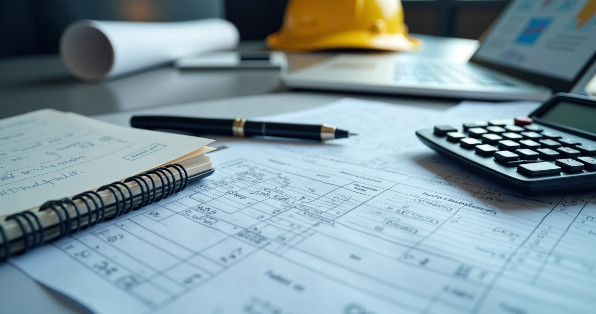 Documentos de obra e calculadora sobre mesa de escritório 