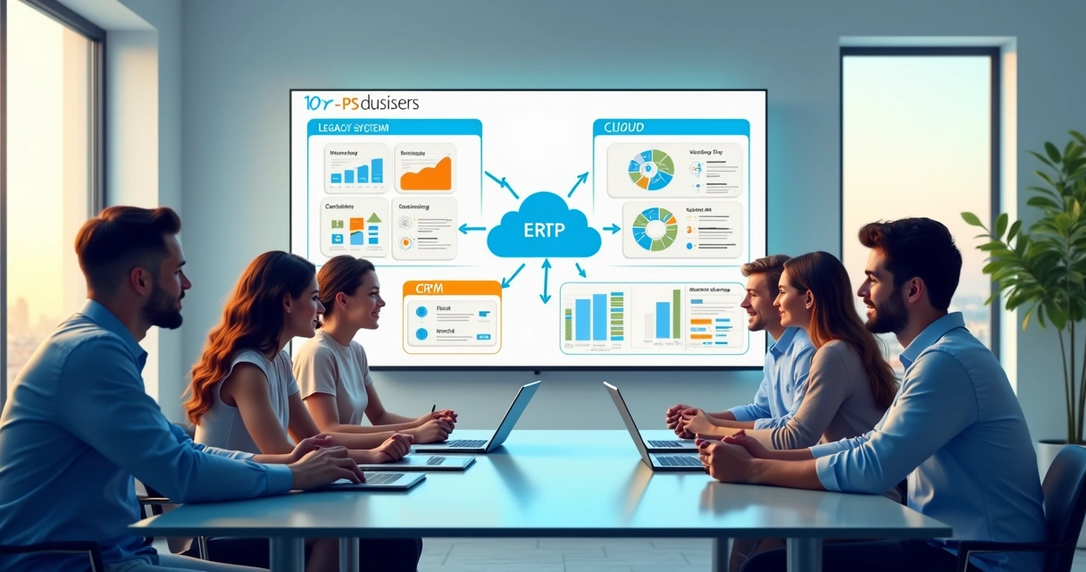 Equipe discutindo integração de sistemas ERP 