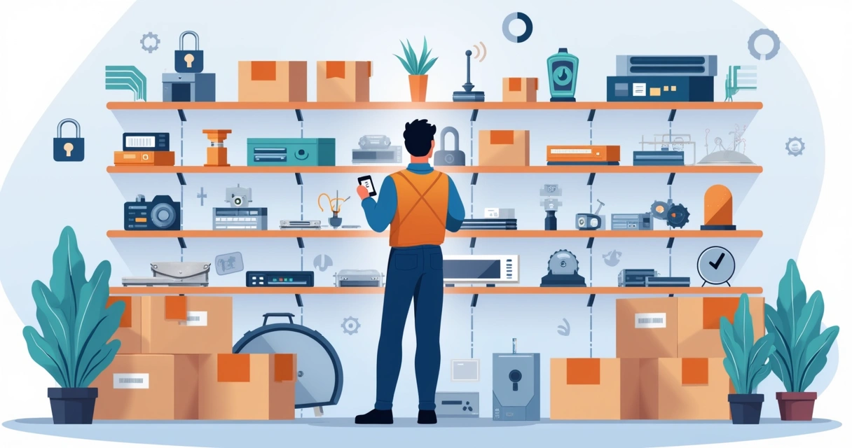 Colaborador conferindo estoque de peças técnicas com tablet