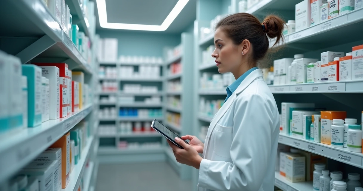 Farmacêutica conferindo frascos e caixas em prateleira de estoque 