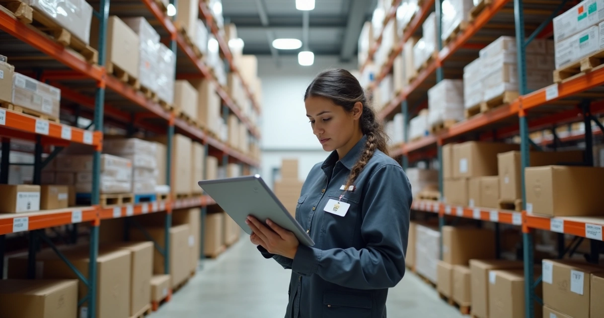 Funcionário conferindo estoque em galpão industrial 