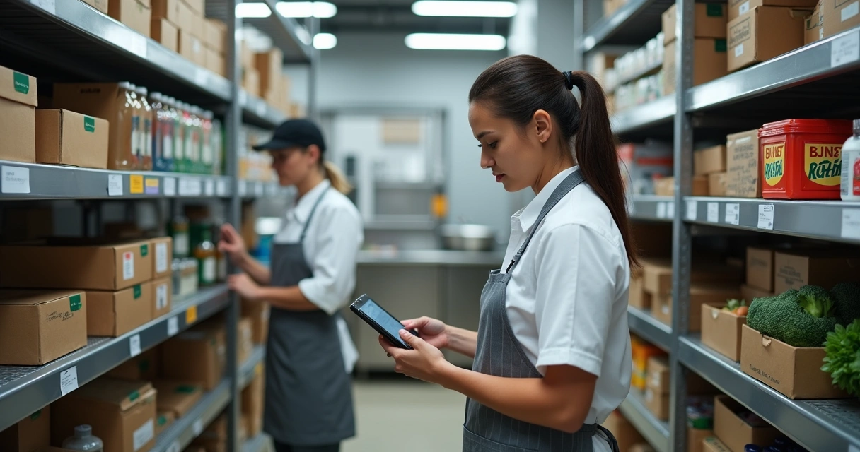 Conferência de estoque com tablet em cozinha profissional 