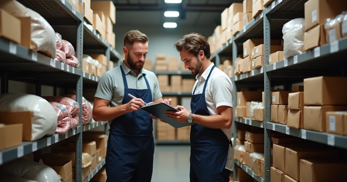 Duas pessoas realizando conferência de estoque de alimentos em restaurante 