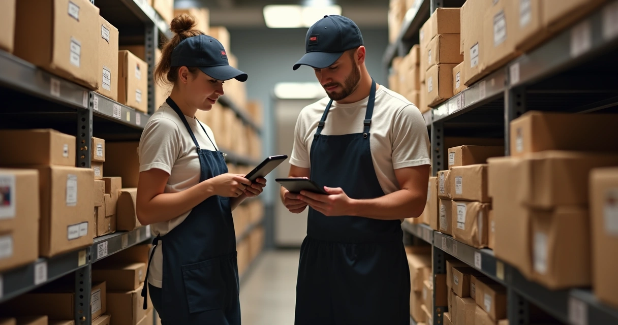 Duas pessoas conferindo caixas de alimentos no estoque de restaurante 
