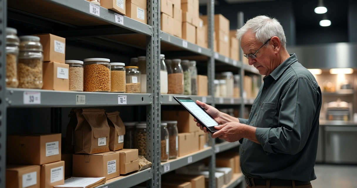 Gerente conferindo estoque de alimentos em restaurante com tablet 