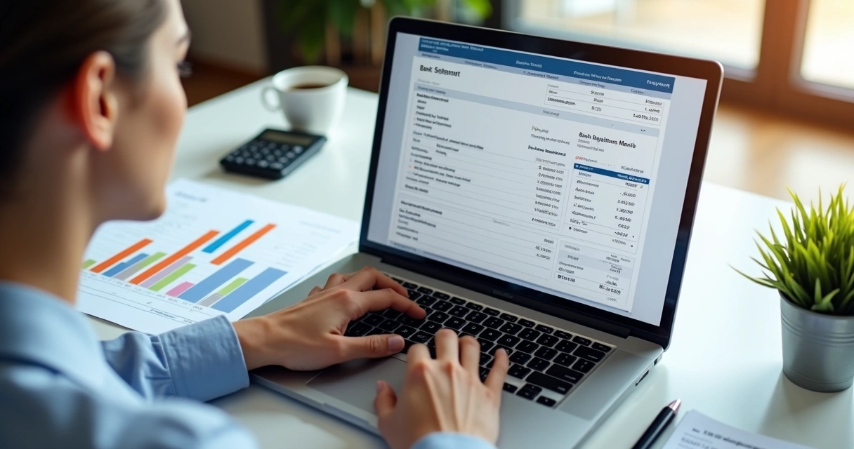 Pessoa analisando extrato bancário em laptop com gráficos financeiros ao lado 