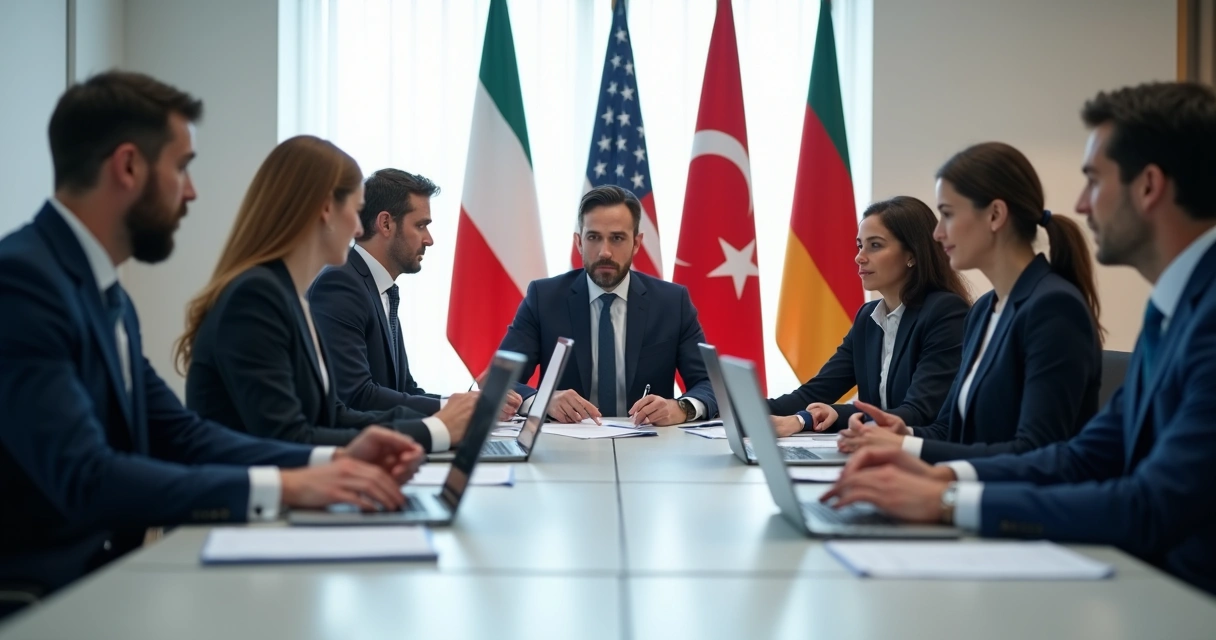 Profissionais numa conferência interpretando documentos oficiais 