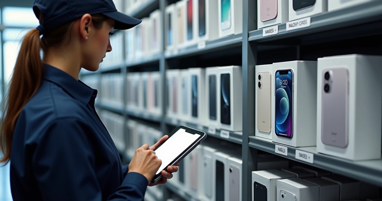 Atendente conferindo caixas de smartphones no estoque