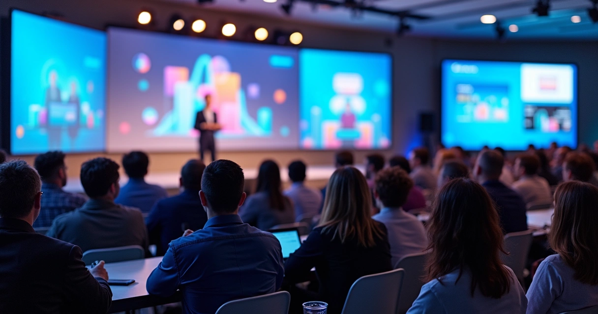 Público diversificado assistindo a uma palestra sobre marketing digital em auditório moderno 
