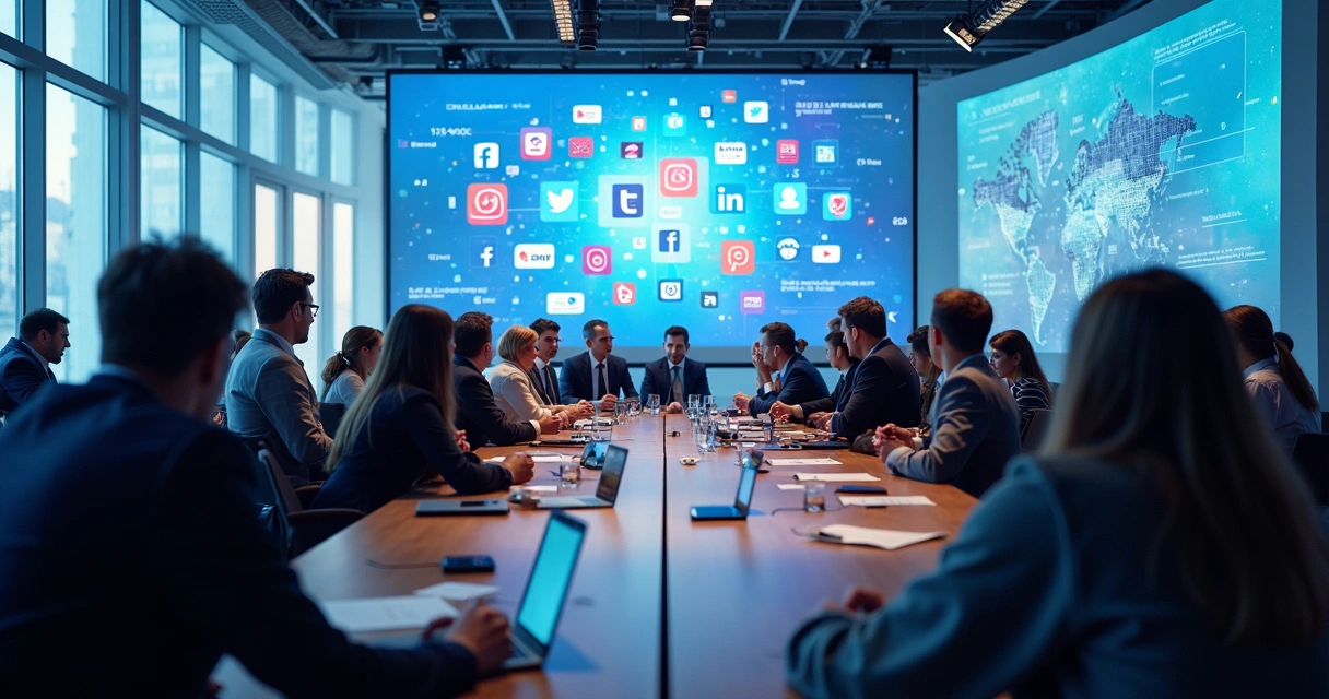 Pessoas discutindo estratégias de marketing digital em um evento com símbolos de redes sociais ao fundo 