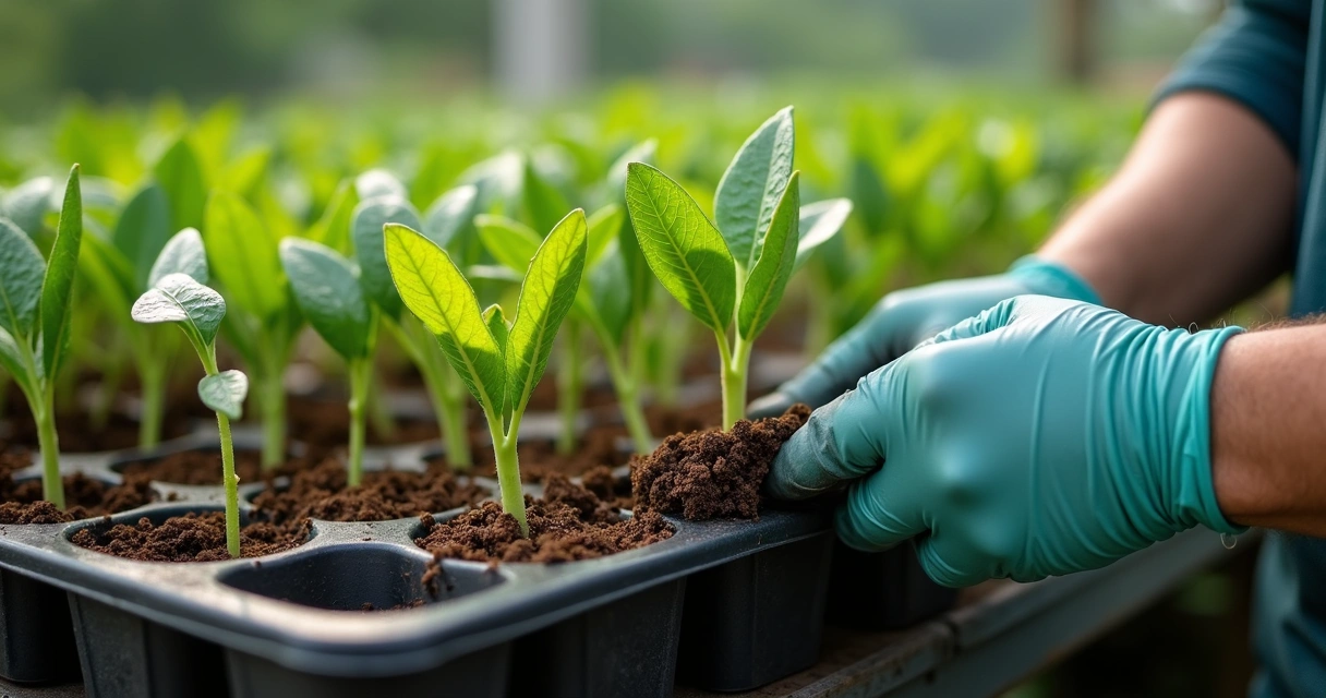 Pessoa inspecionando mudas de café em bandejas 