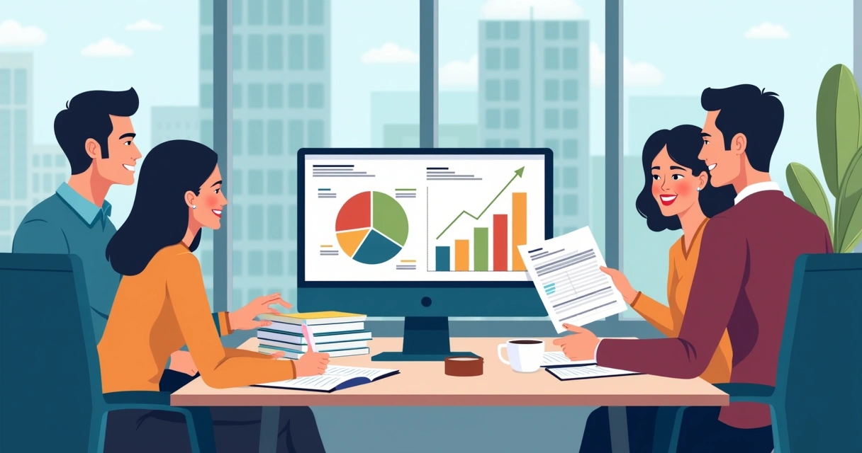 Equipe em escritório conferindo nota fiscal ao lado de computador com gráficos 