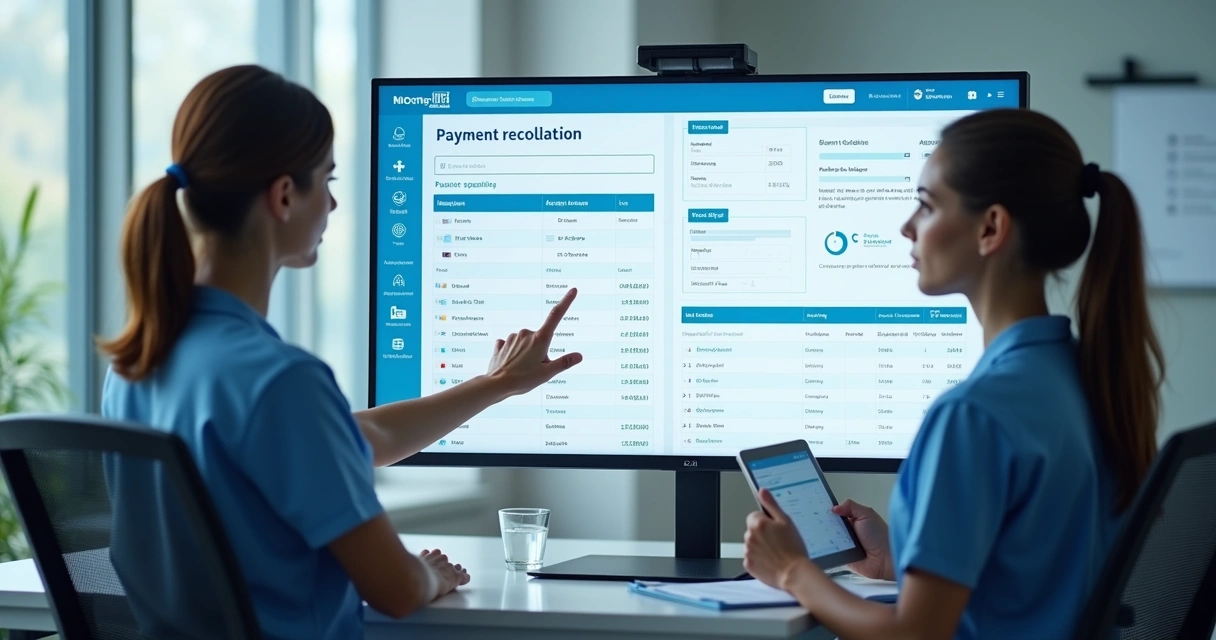 Equipe de clínica revisando pagamentos com apoio de sistema inteligente 