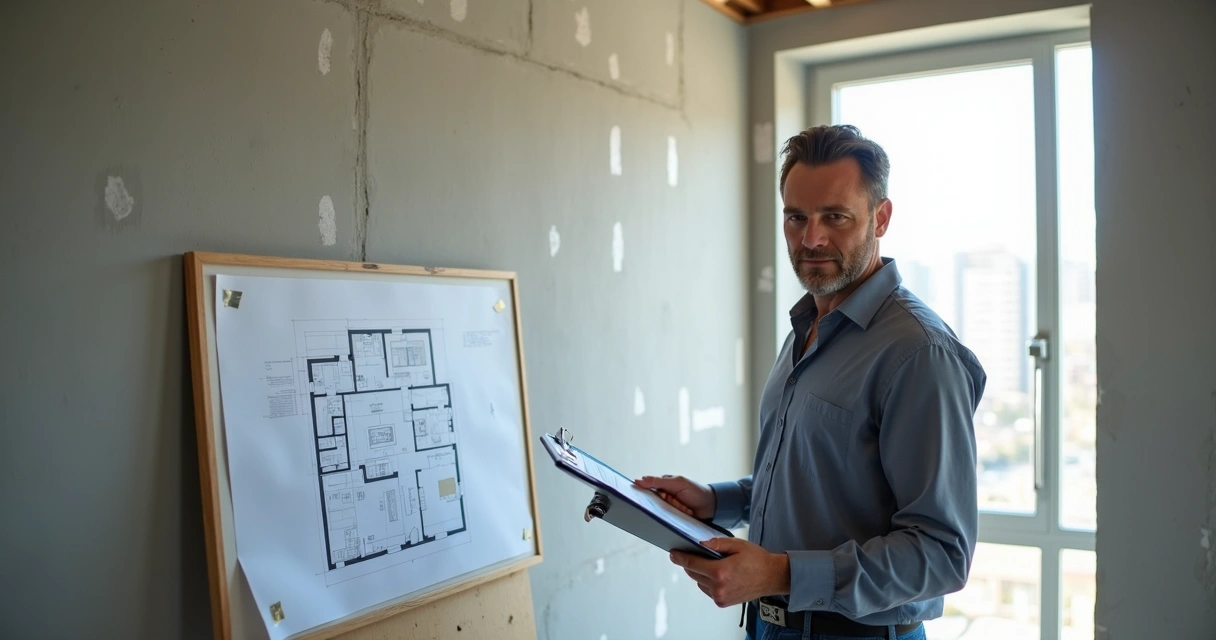 Profissional comparando planta com obra do apartamento