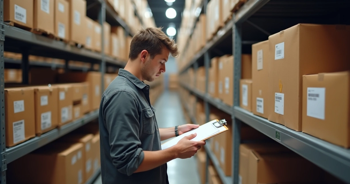 Pessoa conferindo anotações de estoque em frente a uma prateleira com caixas 