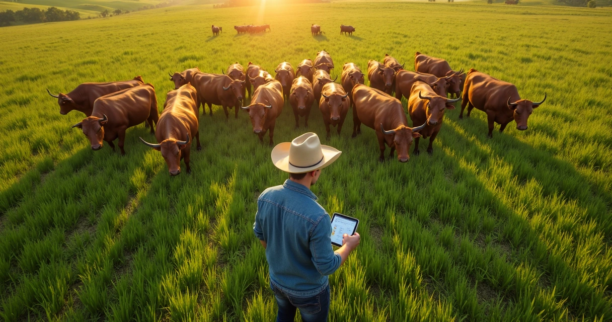 Pecuarista contando o gado no pasto com tablet em mãos 