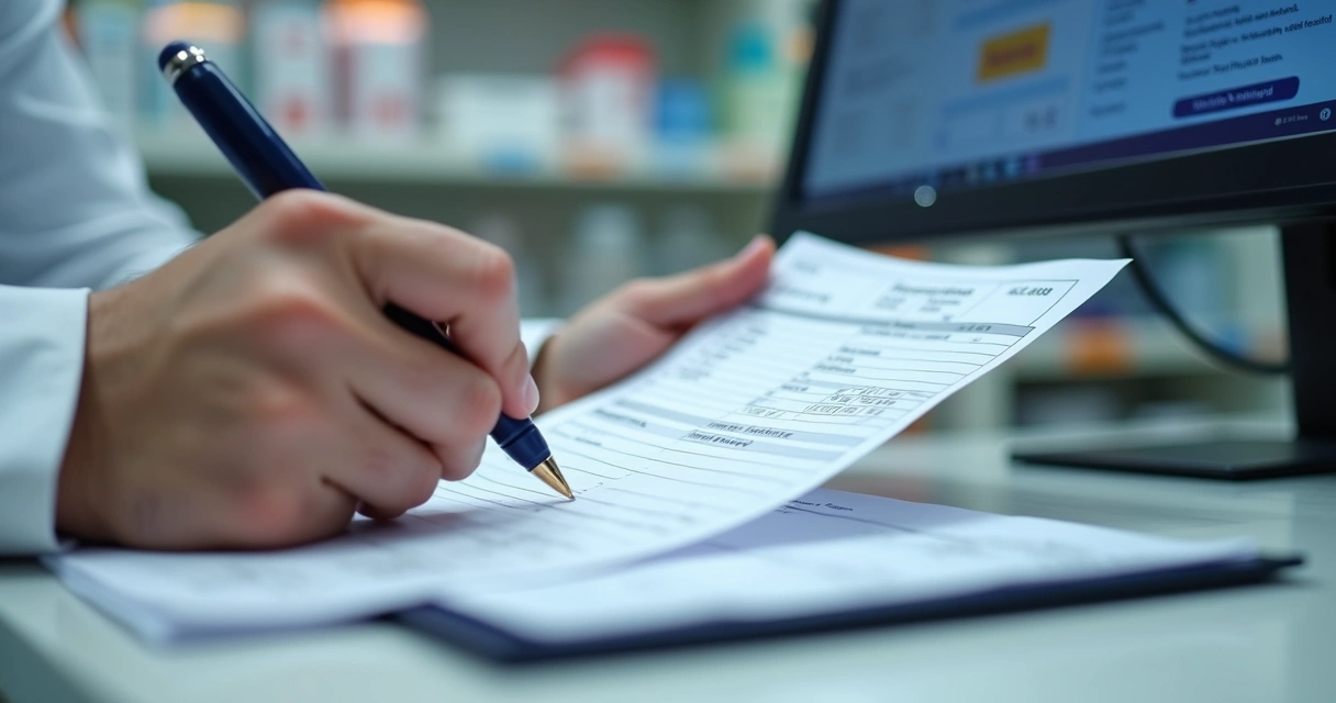 Farmacêutico analisando receita médica para medicamento controlado 