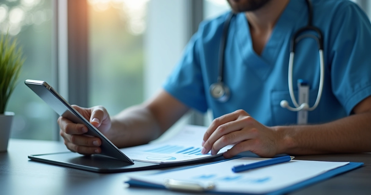 Profissional conferindo recibos de saúde digitais em tablet com gráficos de receitas 
