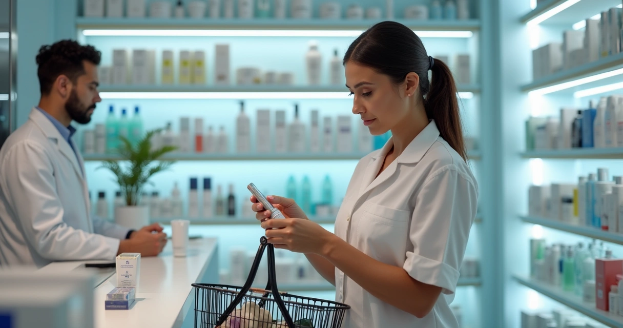 Pessoa conferindo validade de dermocosmético em farmácia