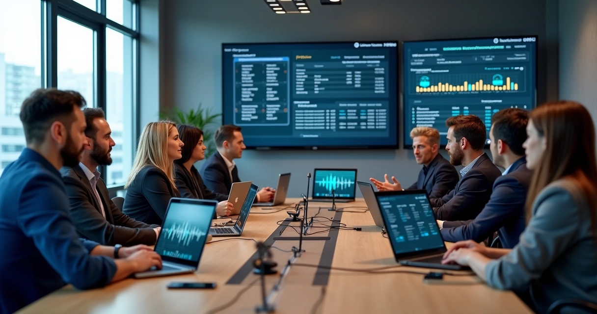 Sala de reunião moderna com profissionais discutindo soluções de telefonia VoIP usando laptops e telas mostrando gráficos de codecs 