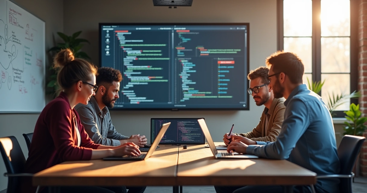 Equipe de desenvolvedores discutindo documentação de API na sala 