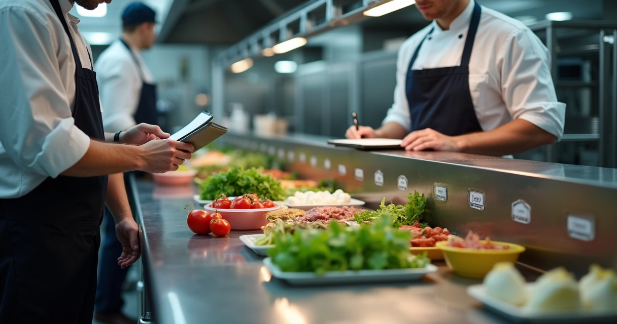Chef conferindo validade de ingredientes frescos em bancada de cozinha profissional 