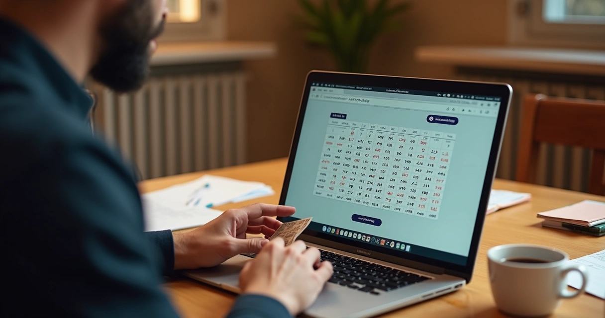 Homem conferindo bilhete de loteria na frente do notebook 