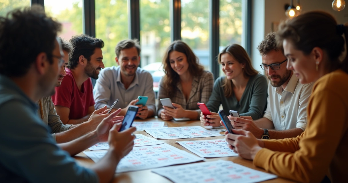 Grupo conferindo bolões de loteria em uma mesa com smartphones e papéis. 