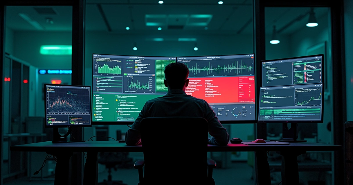 Painel de monitoramento de sistema com gráficos verdes e um erro crítico destacado em vermelho 