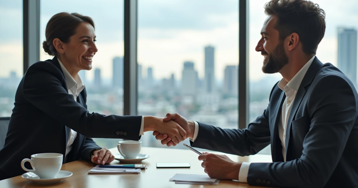Aperto de mão com sorriso entre vendedor e cliente em sala de reunião 