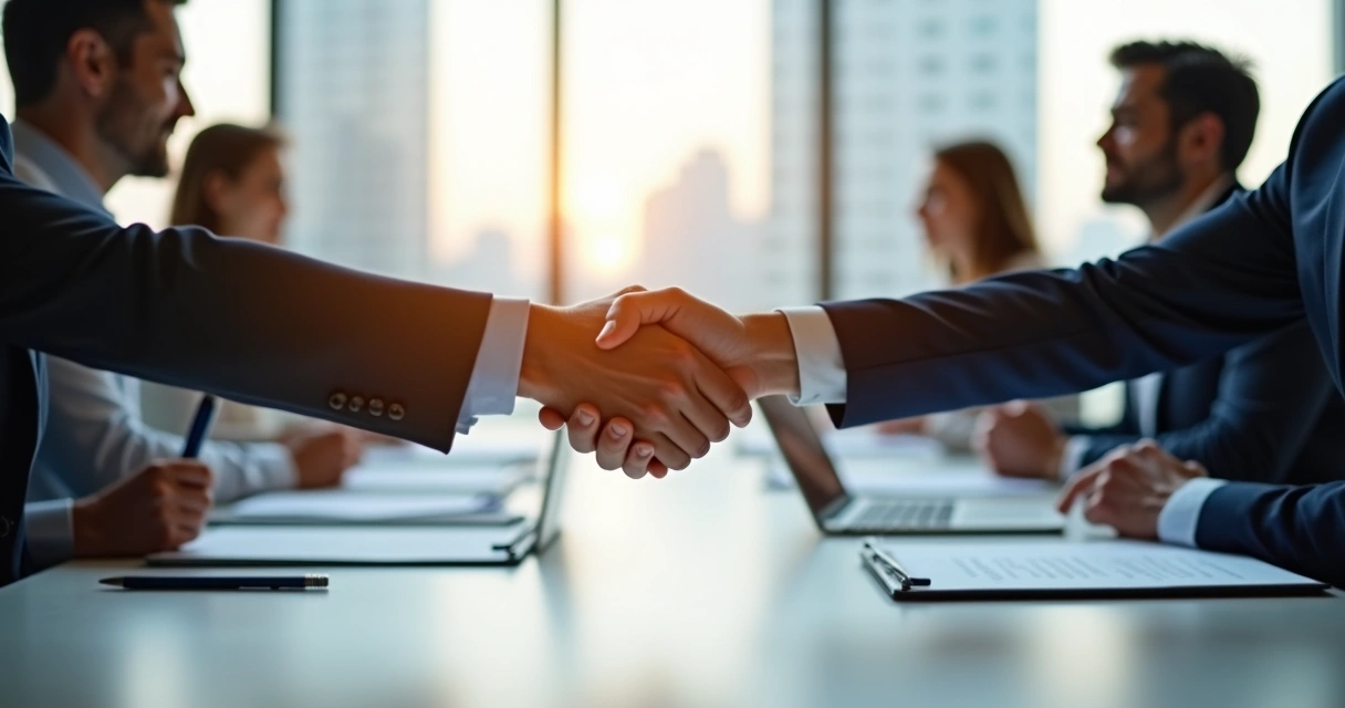 Duas pessoas apertando as mãos em uma mesa de reunião moderna com outras ao fundo 