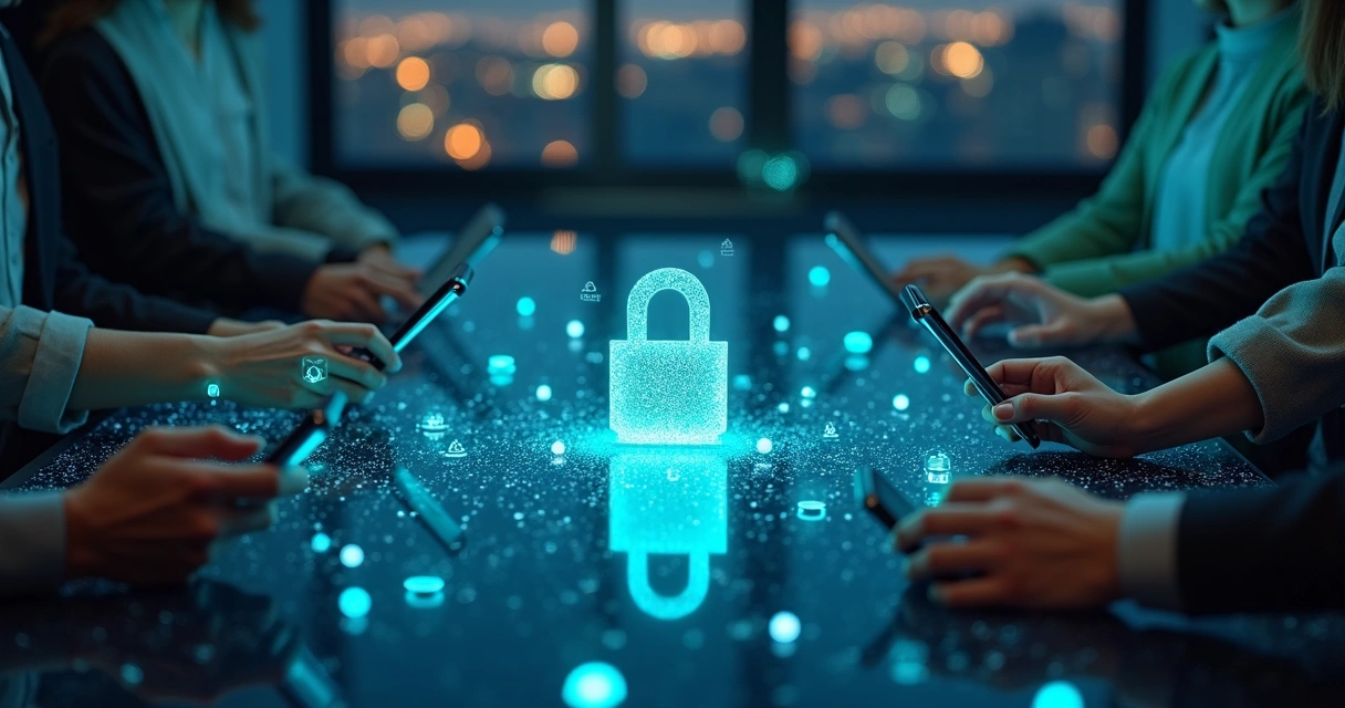 Pessoas conectadas formando símbolo de cadeado sobre paisagem digital 