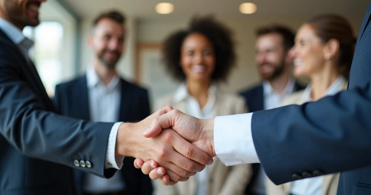 Duas pessoas apertando as mãos, sorrindo, com equipe ao fundo.