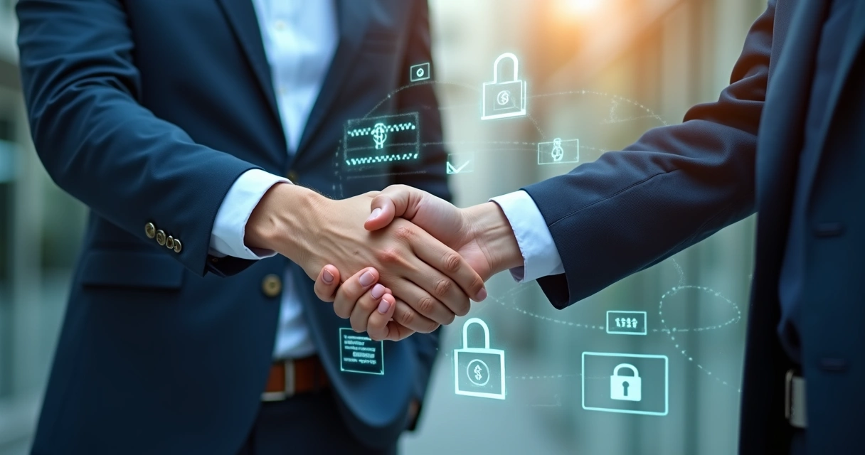 Aperto de mãos entre cliente e gestor financeiro com fundo digital 