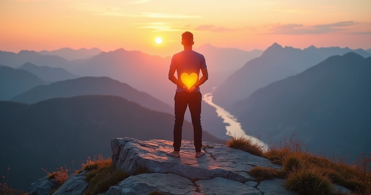 Pessoa em pé sobre uma pedra no alto de uma montanha segurando o próprio coração desenhado em luz 