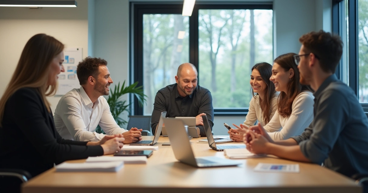 Equipe de trabalho em reunião com clima amigável, trocando feedbacks e sorrisos 