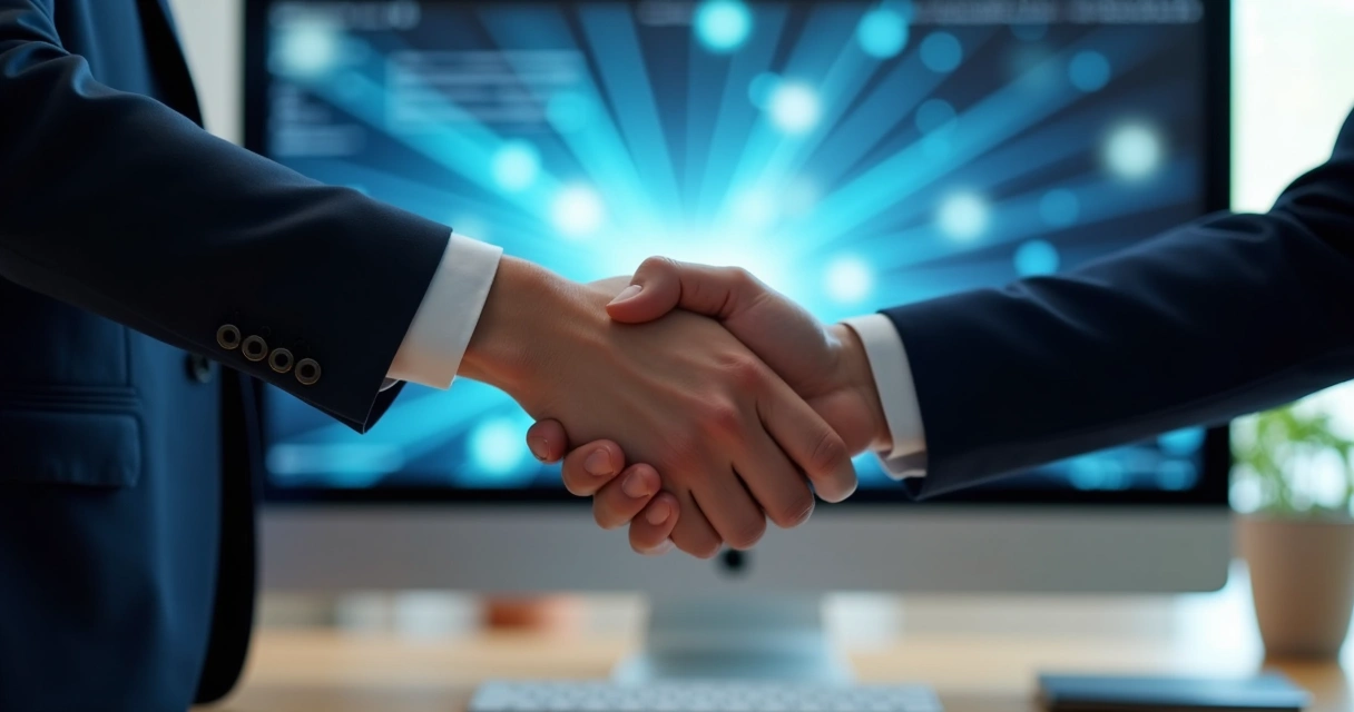 Mãos se cumprimentando em frente a um computador, transmitindo confiança digital