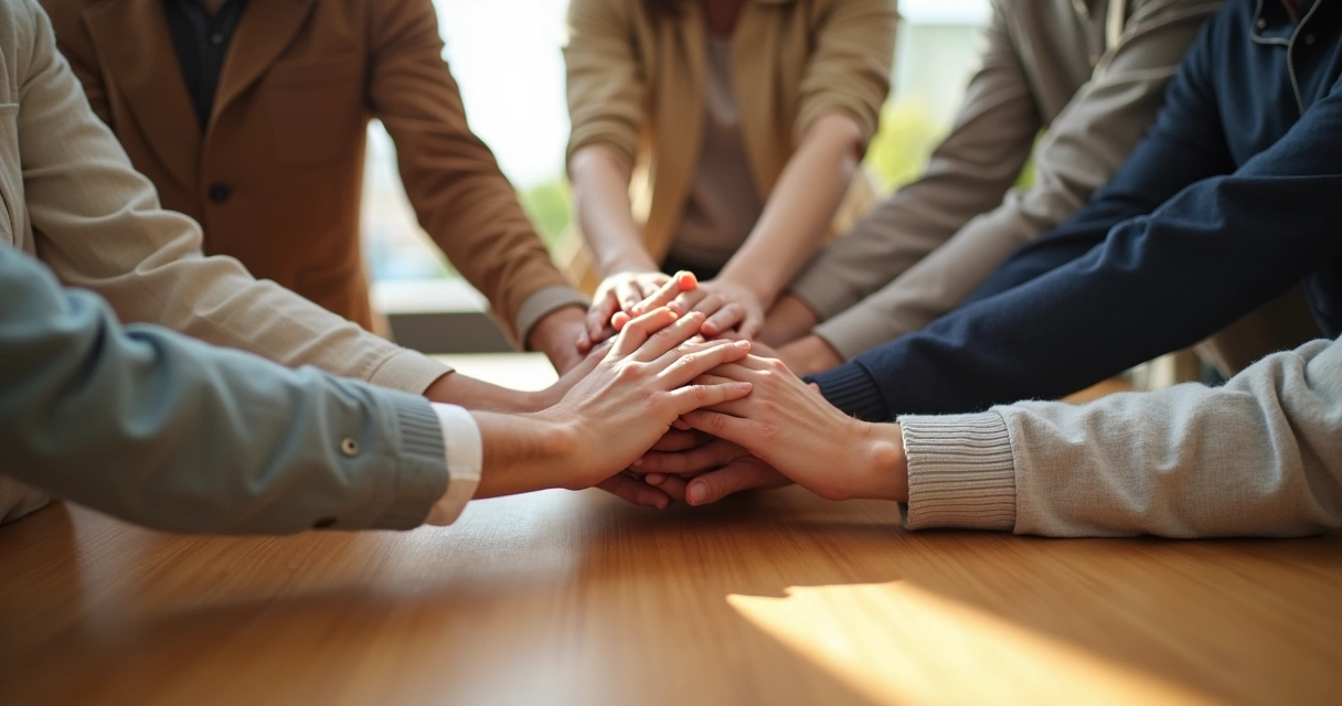 Mãos de diferentes pessoas unidas no centro de uma mesa 