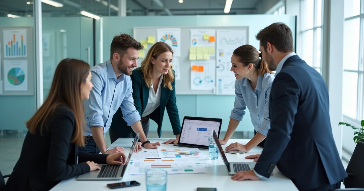 Profissionais de áreas diferentes colaborando em ambiente corporativo 