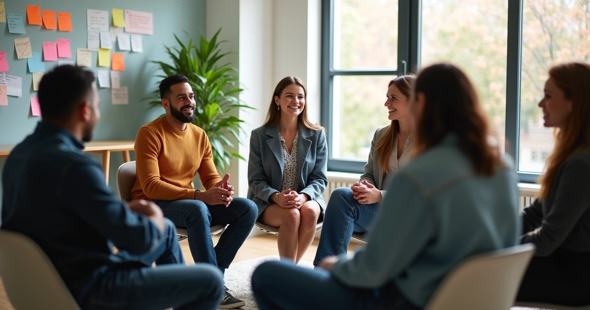 Equipe de diferentes pessoas sentadas em círculo trocando ideias 