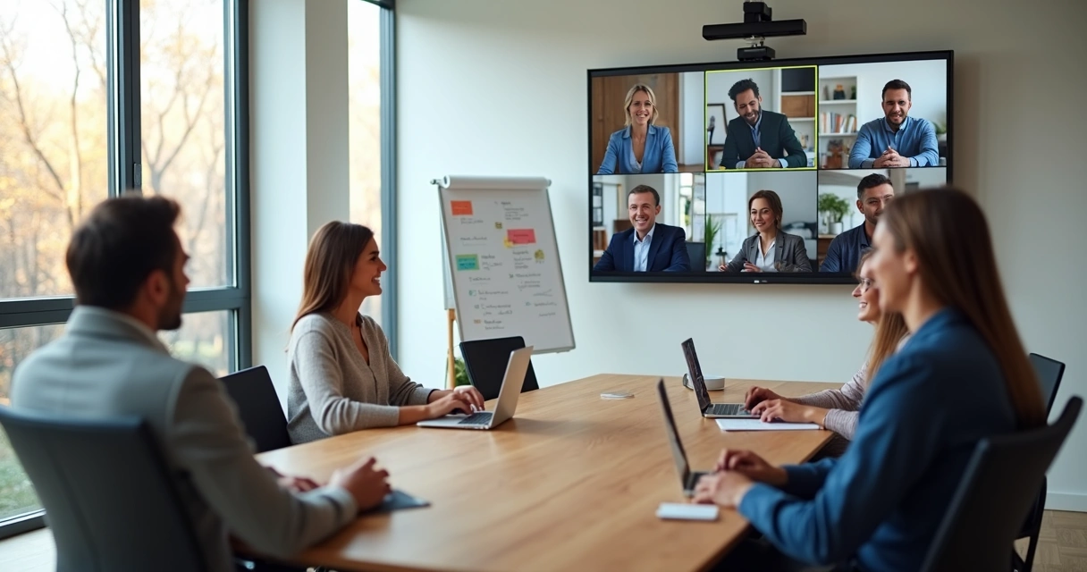 Equipe conectada em reunião híbrida com pessoas na sala e na tela 