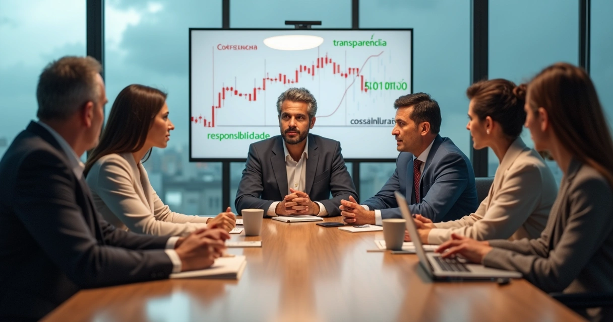 Equipe diversa unida em mesa de reunião em ambiente tenso reforçando confiança 