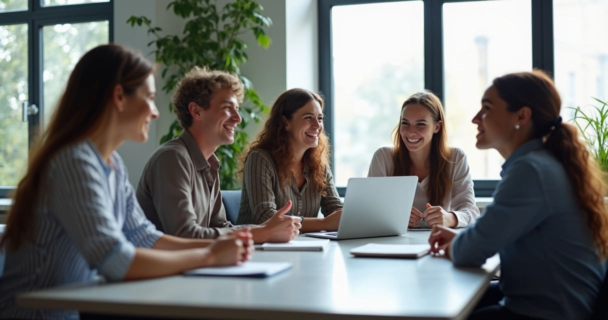 Equipe reunida ao redor de uma mesa, conversando e sorrindo 